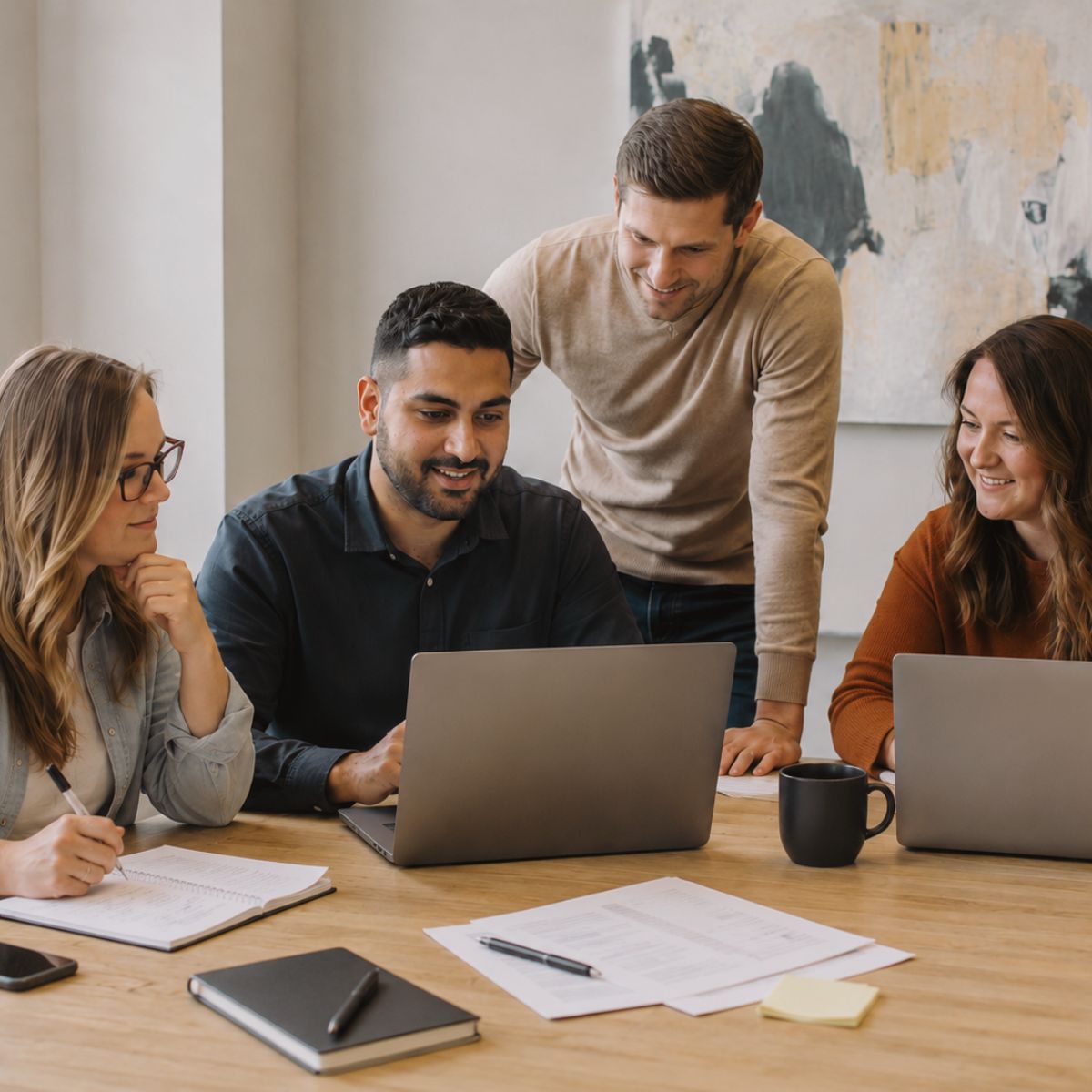 4 people looking at computers and talking during a meeting