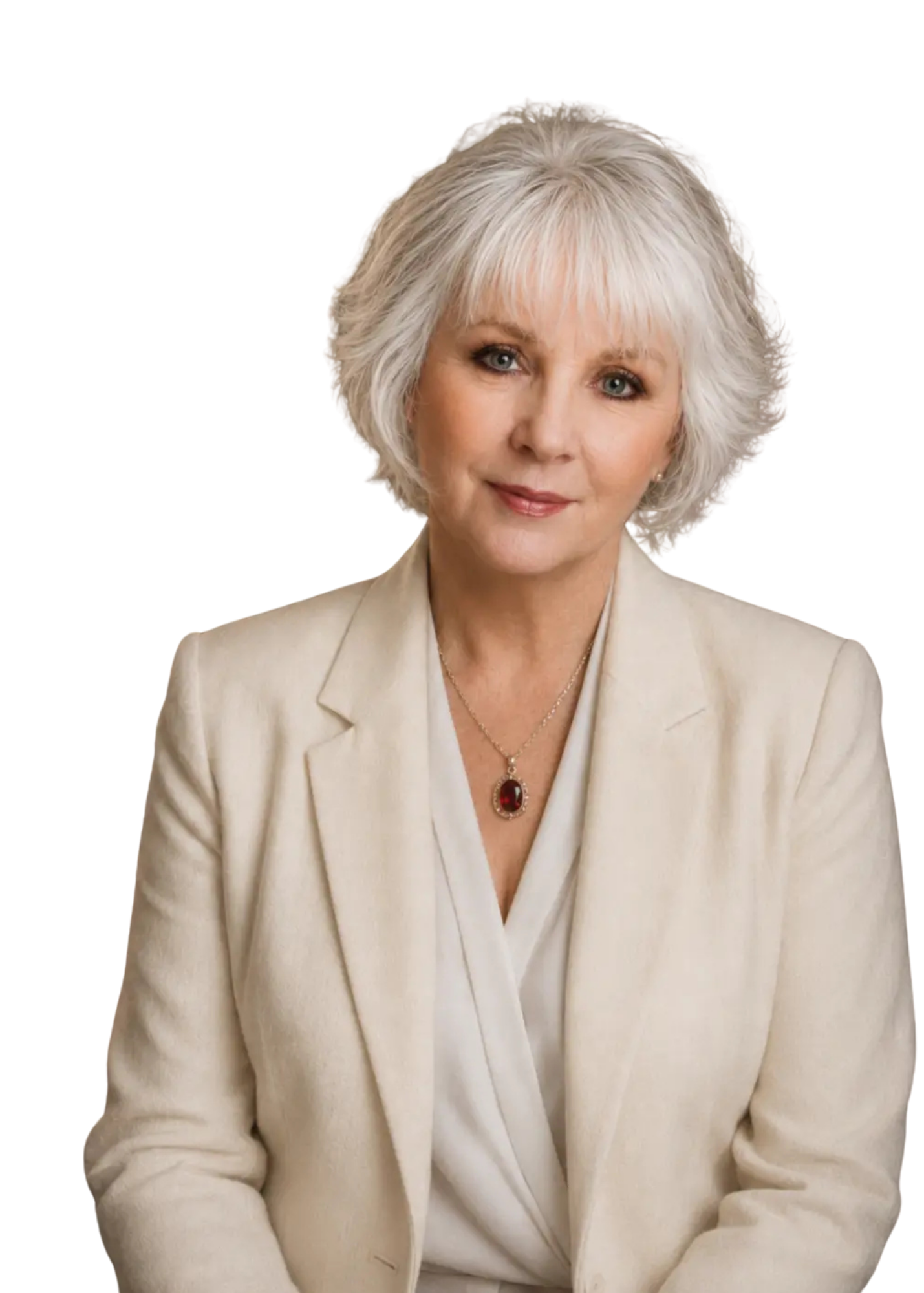 Maryle Malloy wearing a white suit and blouse.